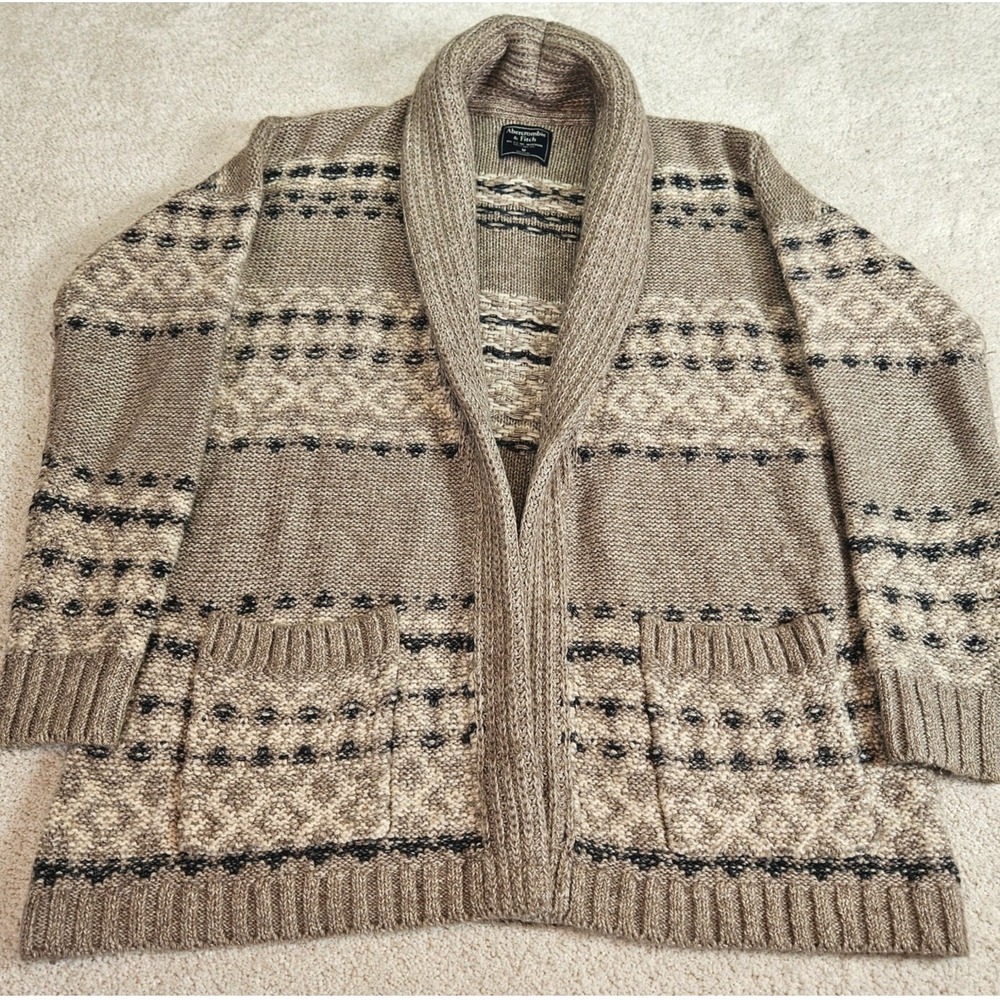 Abercrombie & Fitch Sweater M Tan Fair Isle Fisherman Shawl Collar Chunky Knit